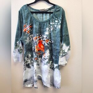Collections Etc Size XL‎ Holiday Red Cardinal Rhinestone Tunic Top